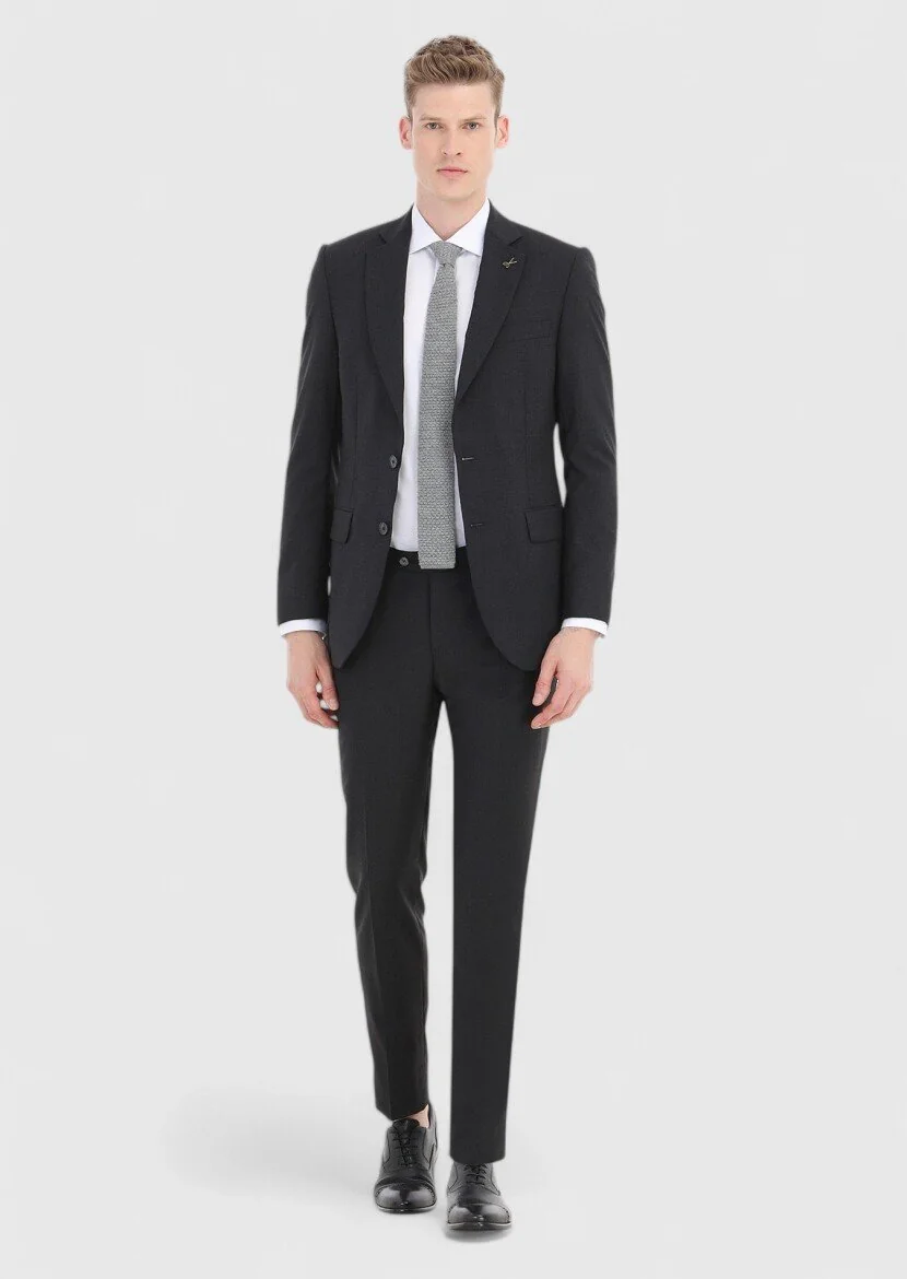 Antrasit Çizgili Thin&taller Slim Fit %100 Yün Takım Elbise - 1