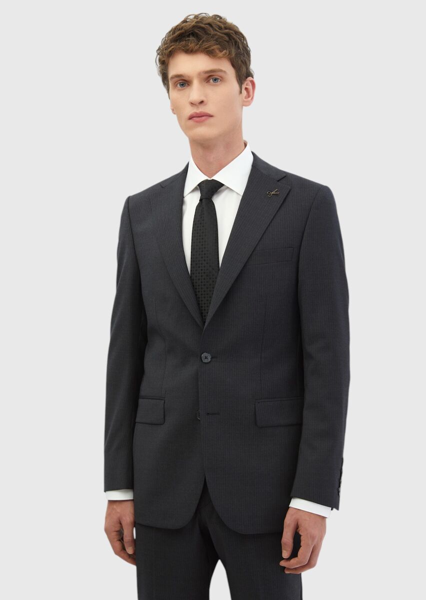 Antrasit Çizgili Thin&taller Slim Fit %100 Yün Takım Elbise - 1