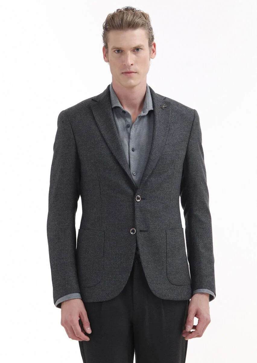 Antrasit Çizgili Zeroweight Slim Fit %100 Yün Ceket - 1