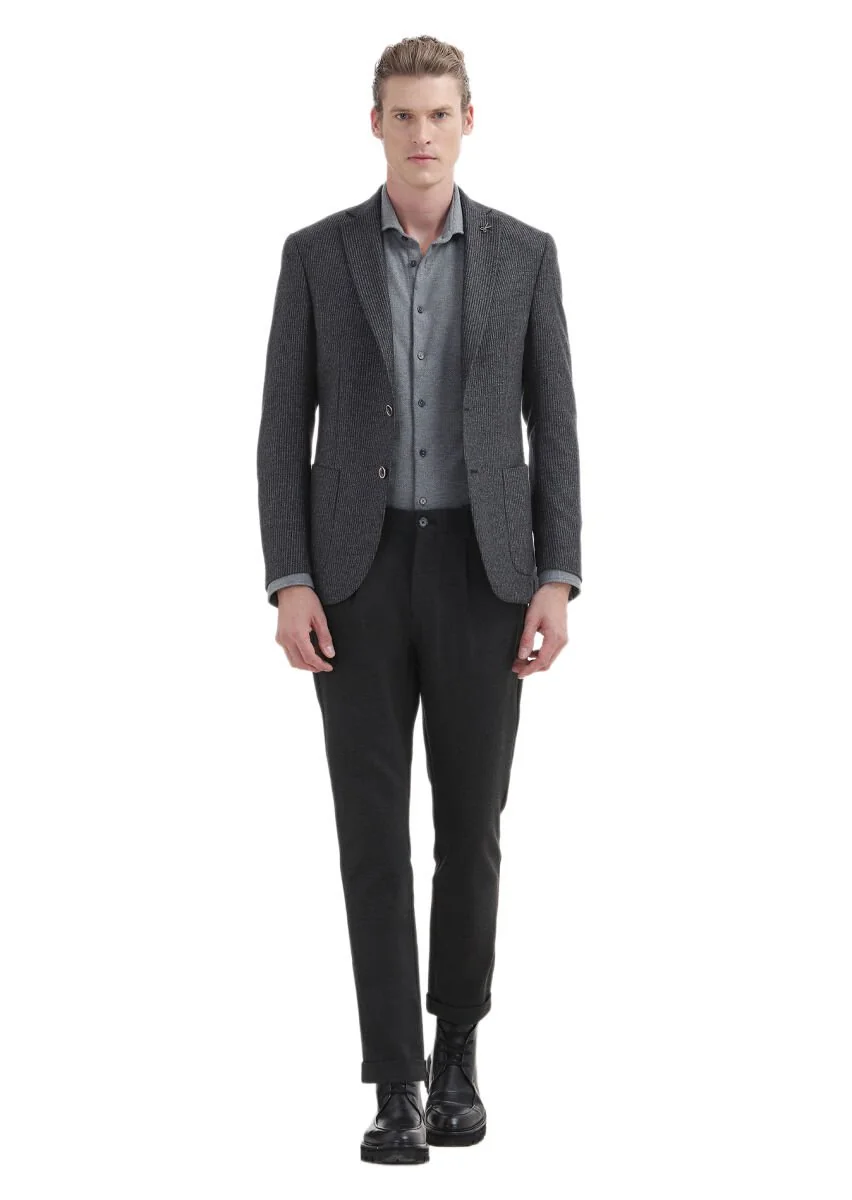 Antrasit Çizgili Zeroweight Slim Fit %100 Yün Ceket - 2