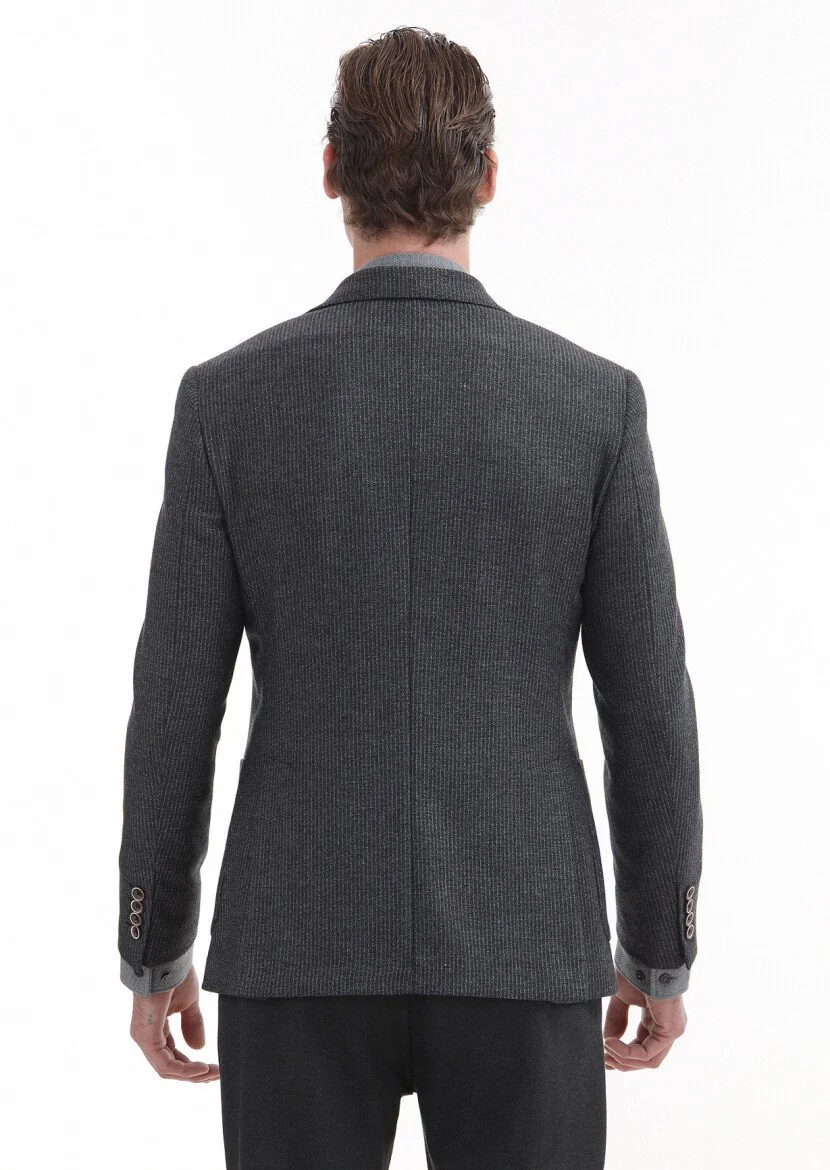 Antrasit Çizgili Zeroweight Slim Fit %100 Yün Ceket - 5