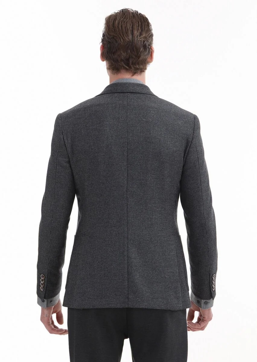 Antrasit Çizgili Zeroweight Slim Fit %100 Yün Ceket - 5