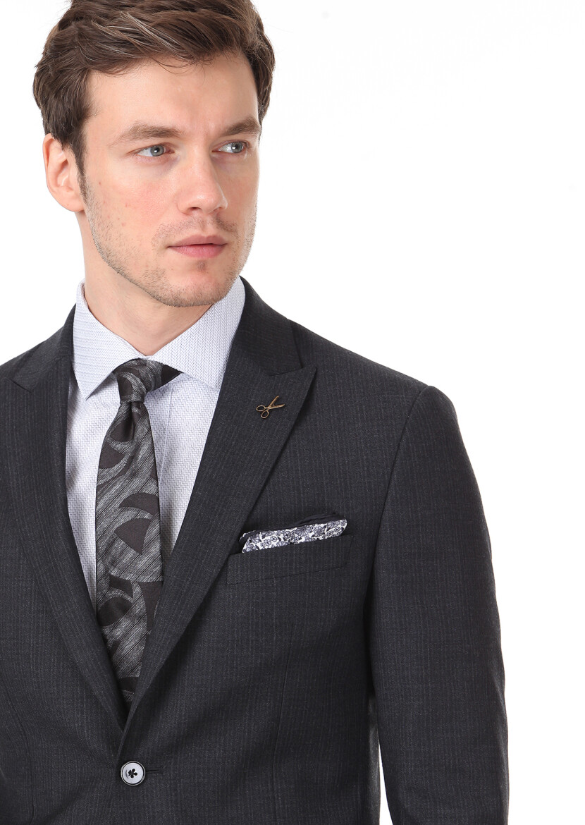Antrasit Çizgili Zeroweight Slim Fit %100 Yün Takım Elbise - 2