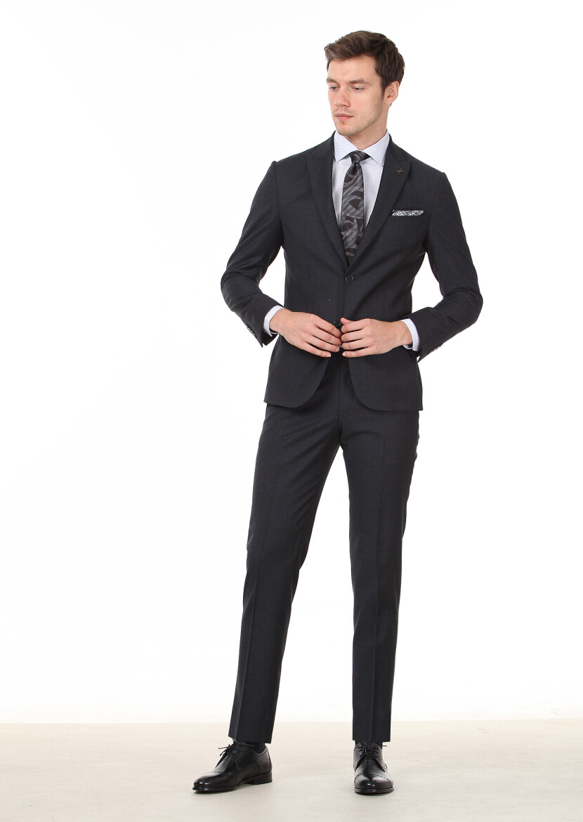 Antrasit Çizgili Zeroweight Slim Fit %100 Yün Takım Elbise - 3