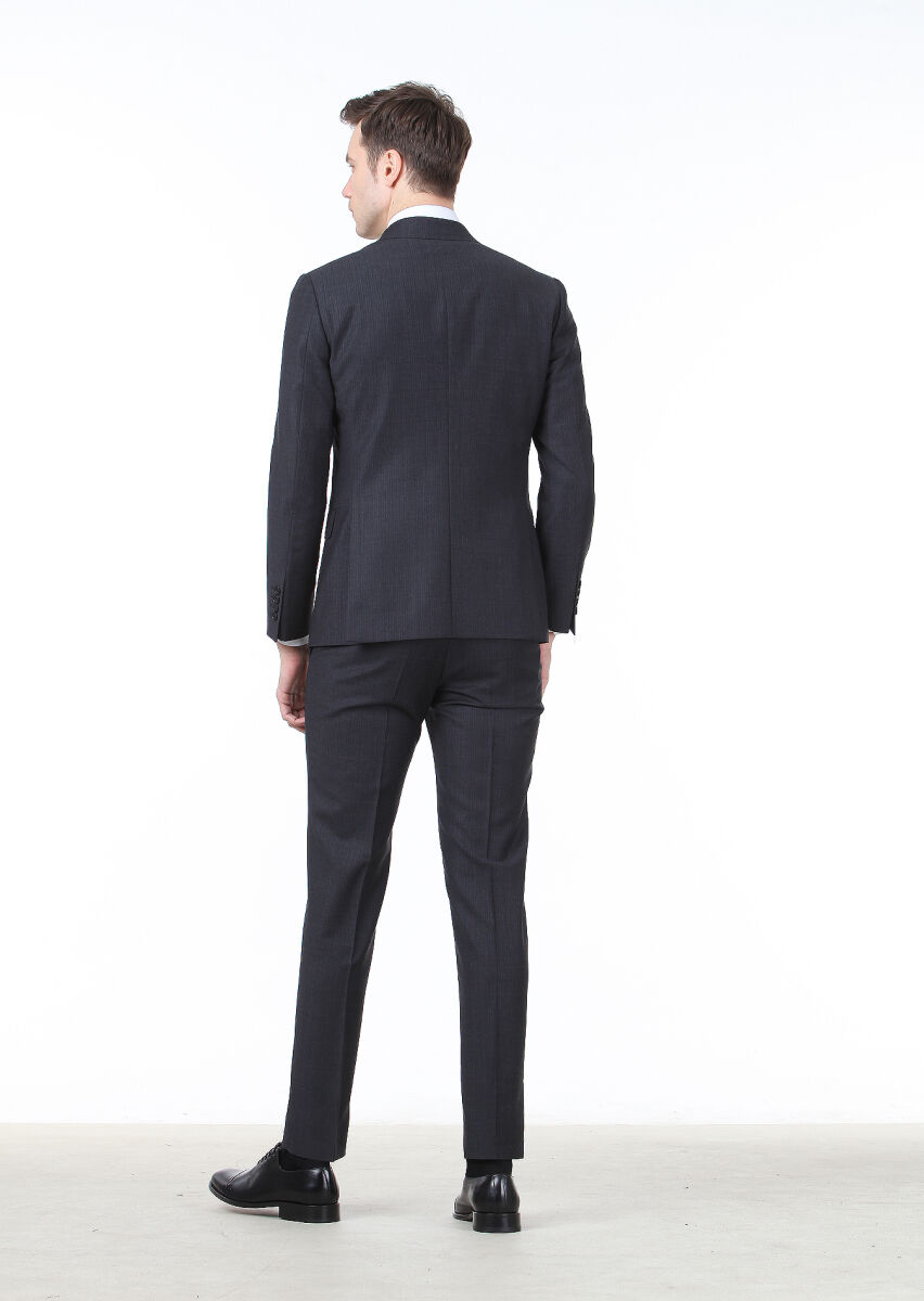 Antrasit Çizgili Zeroweight Slim Fit %100 Yün Takım Elbise - 4