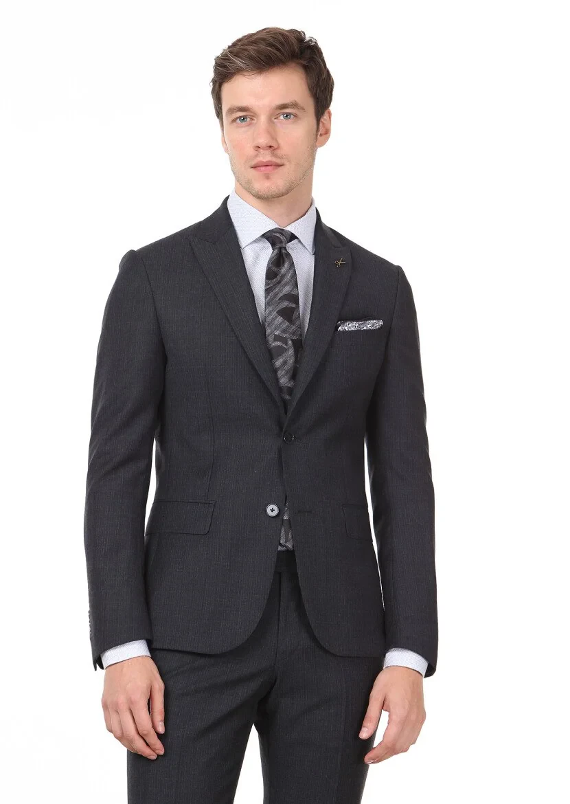 Antrasit Çizgili Zeroweight Slim Fit %100 Yün Takım Elbise - 1