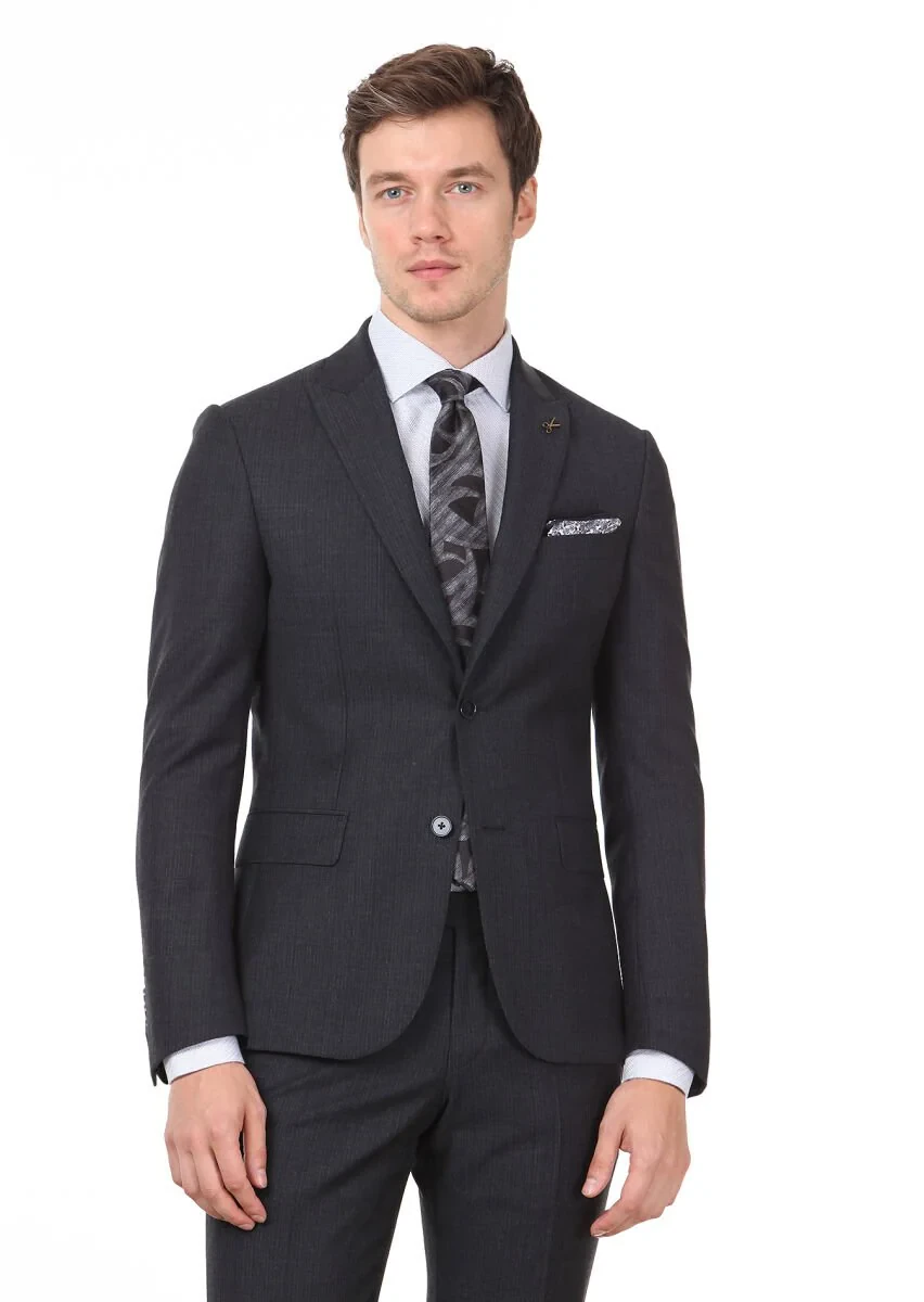Antrasit Çizgili Zeroweight Slim Fit %100 Yün Takım Elbise - 1