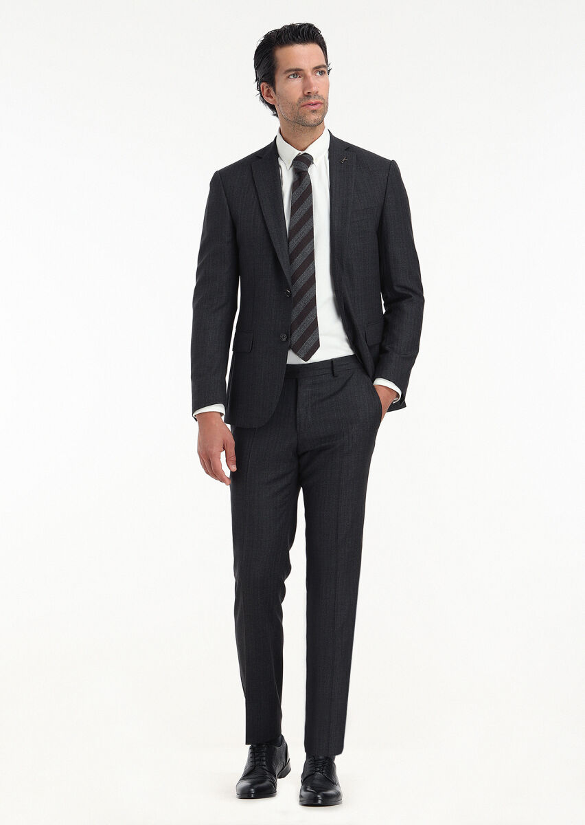 Antrasit Çizgili Zeroweight Slim Fit %100 Yün Takım Elbise - 1