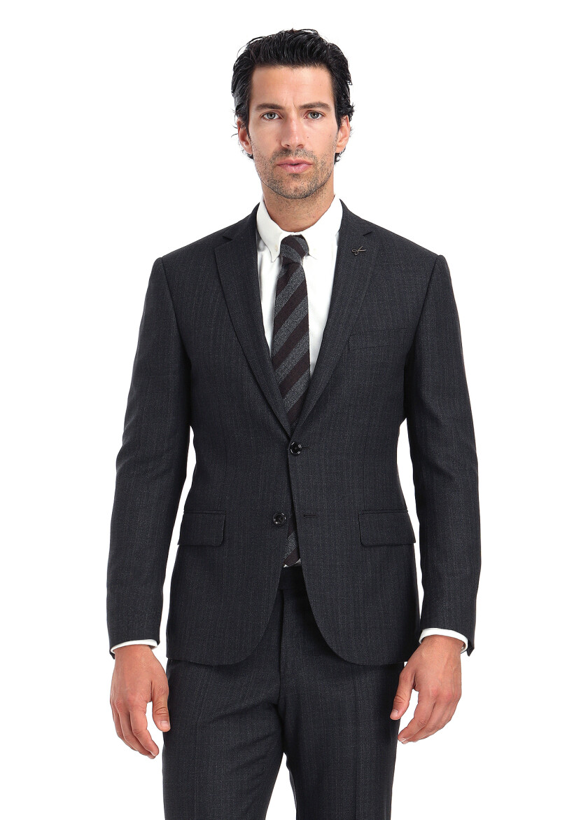 Antrasit Çizgili Zeroweight Slim Fit %100 Yün Takım Elbise - 2