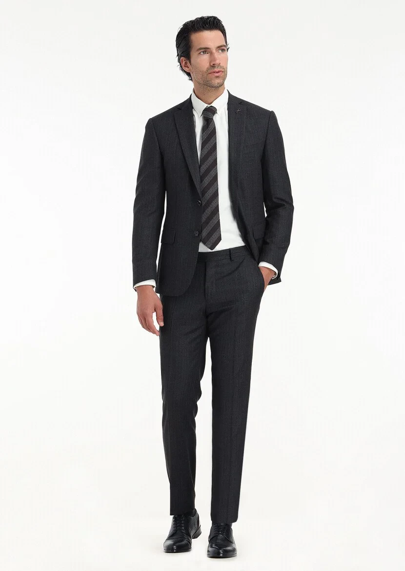 Antrasit Çizgili Zeroweight Slim Fit %100 Yün Takım Elbise - 1