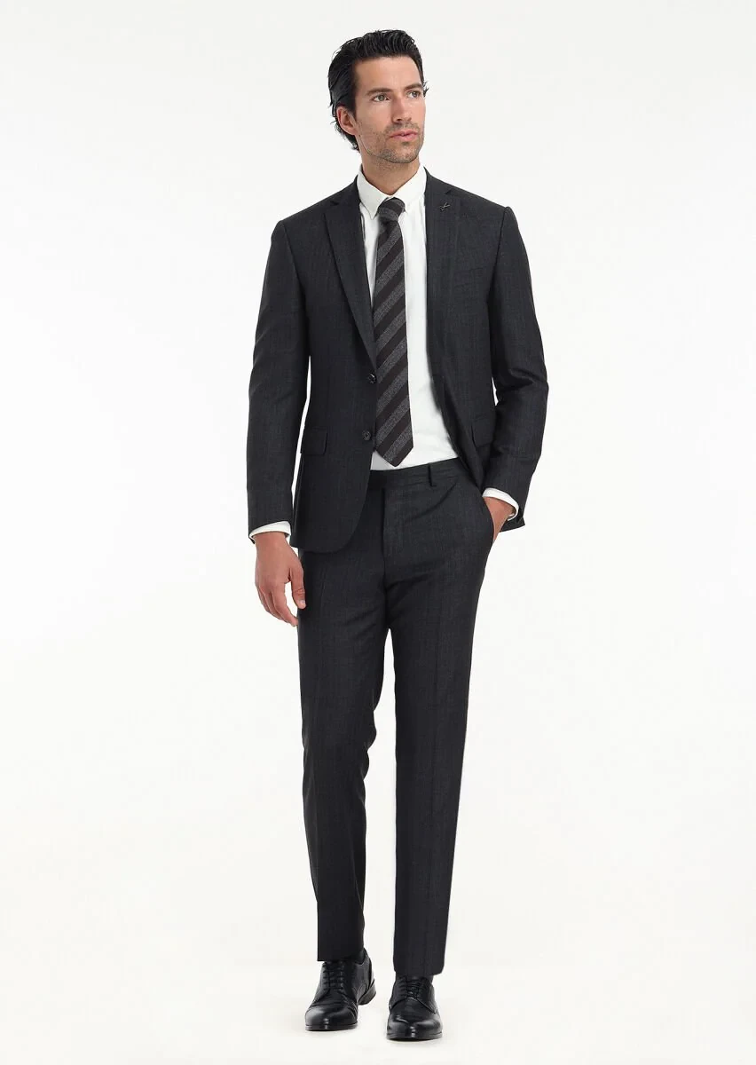 Antrasit Çizgili Zeroweight Slim Fit %100 Yün Takım Elbise - 1