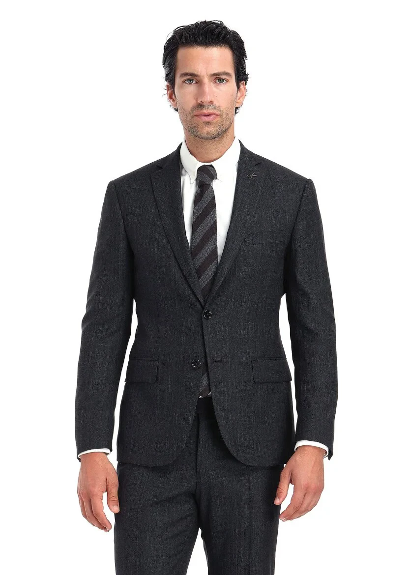 Antrasit Çizgili Zeroweight Slim Fit %100 Yün Takım Elbise - 2