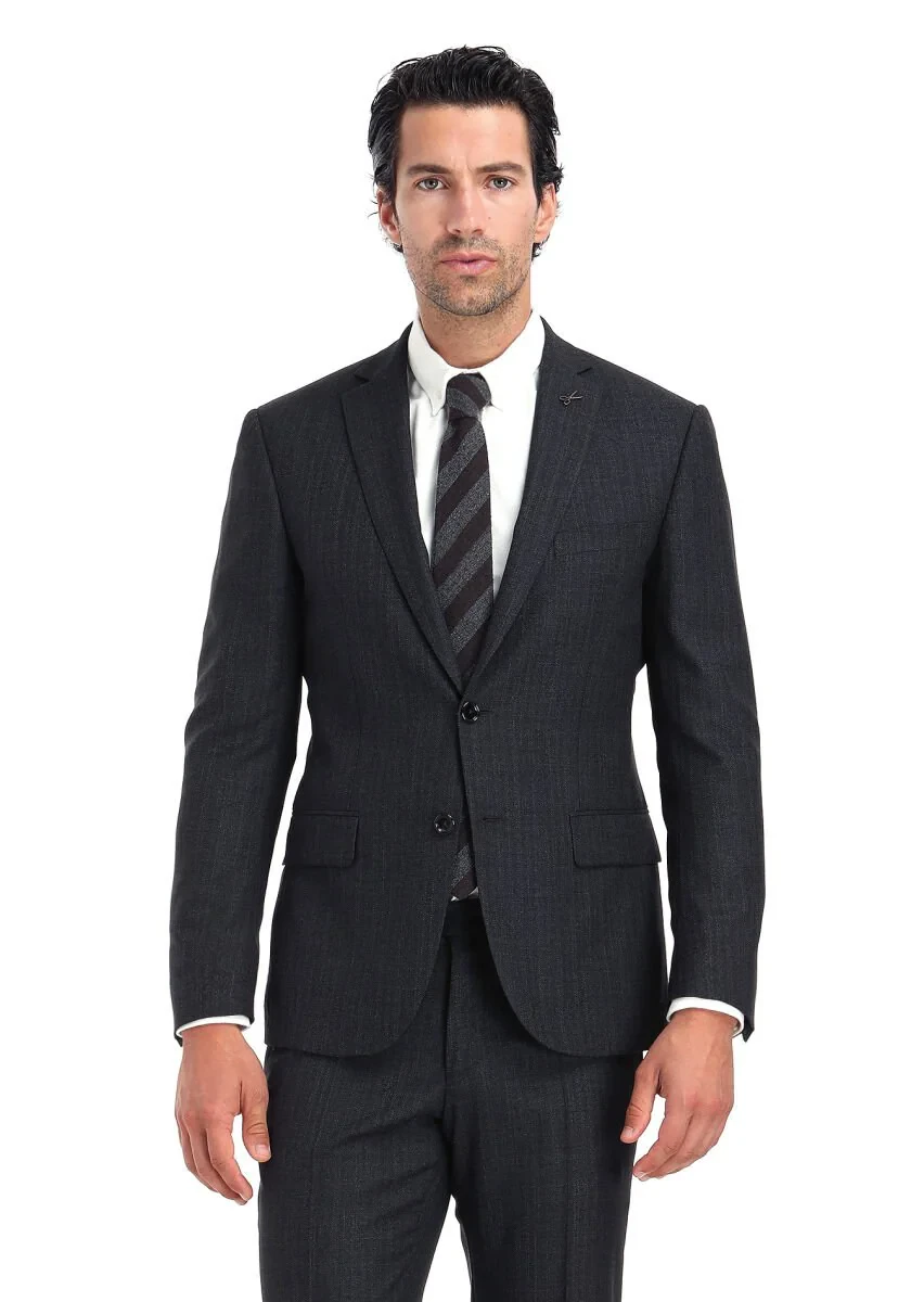 Antrasit Çizgili Zeroweight Slim Fit %100 Yün Takım Elbise - 2