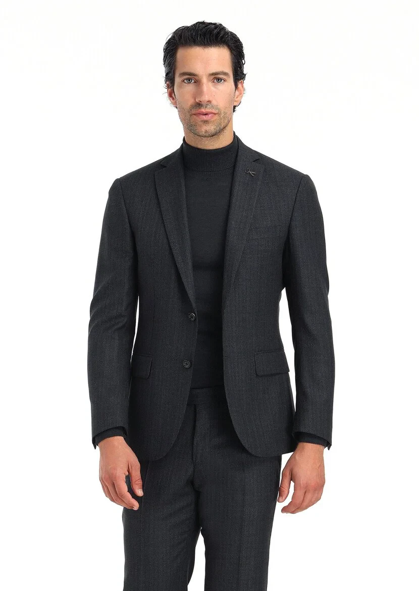 Antrasit Çizgili Zeroweight Slim Fit %100 Yün Takım Elbise - 4