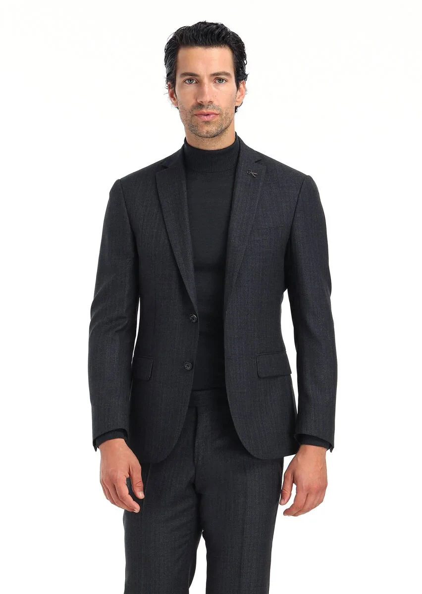 Antrasit Çizgili Zeroweight Slim Fit %100 Yün Takım Elbise - 4