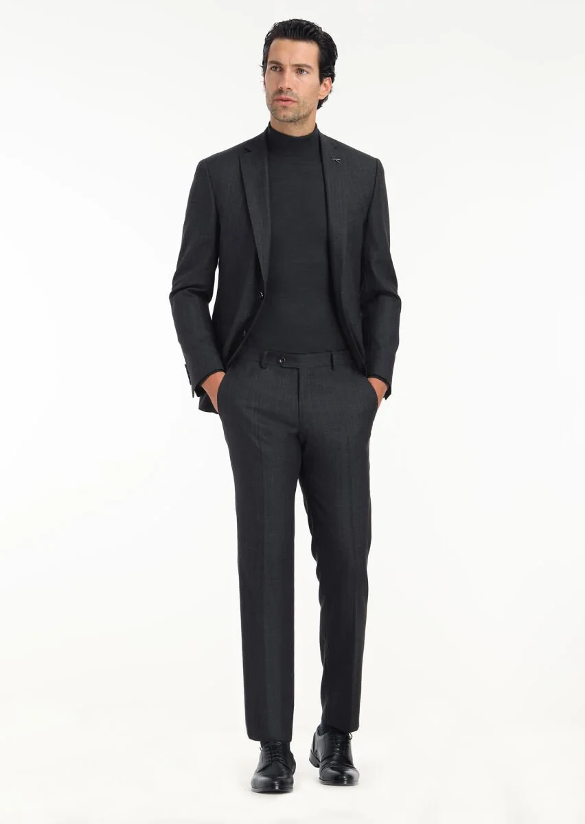 Antrasit Çizgili Zeroweight Slim Fit %100 Yün Takım Elbise - 5