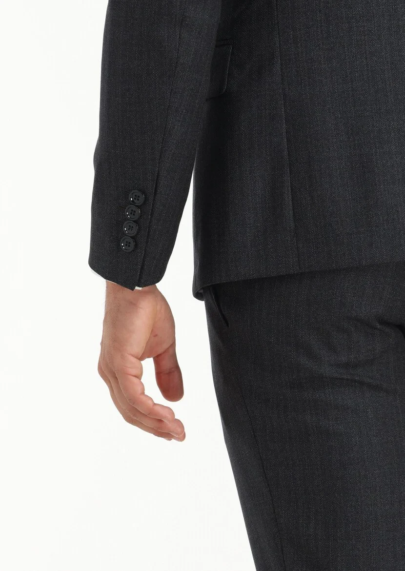 Antrasit Çizgili Zeroweight Slim Fit %100 Yün Takım Elbise - 6
