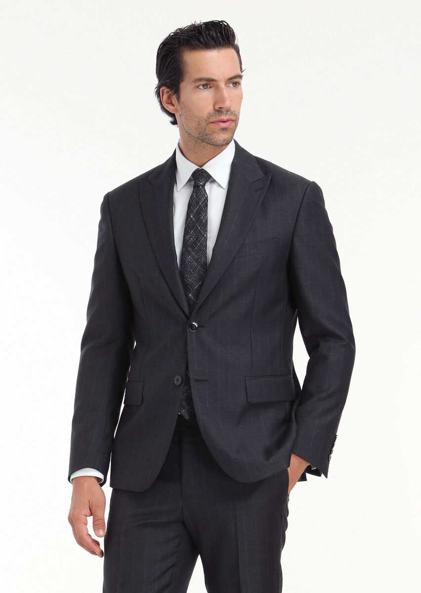 Antrasit Çizgili Zeroweight Slim Fit %100 Yün Takım Elbise - 2