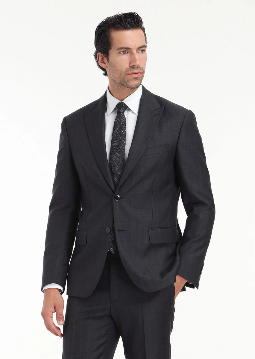 Antrasit Çizgili Zeroweight Slim Fit %100 Yün Takım Elbise - 2