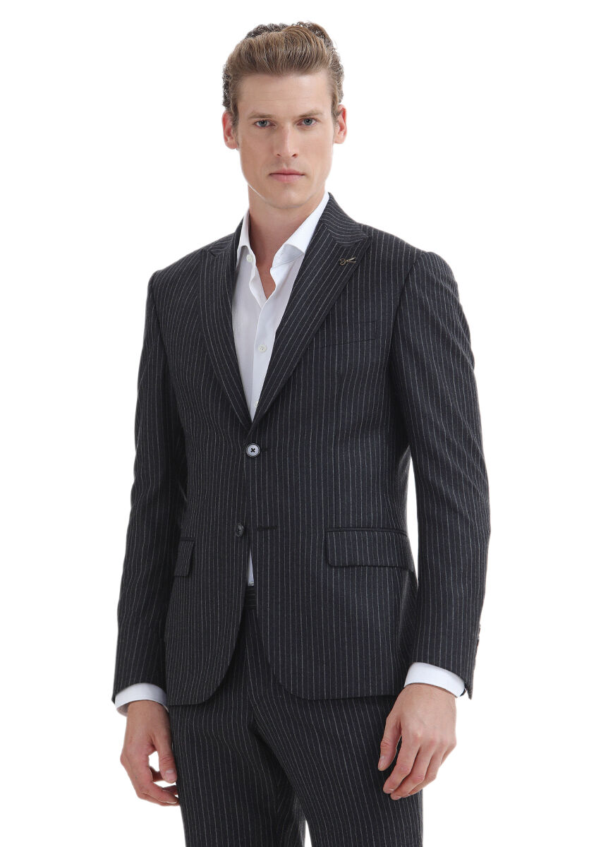 Antrasit Çizgili Zeroweight Slim Fit %100 Yün Takım Elbise - 2