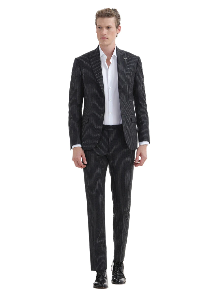 Antrasit Çizgili Zeroweight Slim Fit %100 Yün Takım Elbise - 1