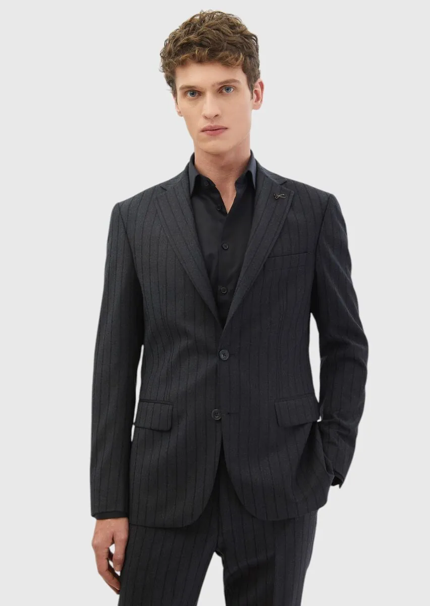 Antrasit Çizgili Zeroweight Slim Fit %100 Yün Takım Elbise - 1