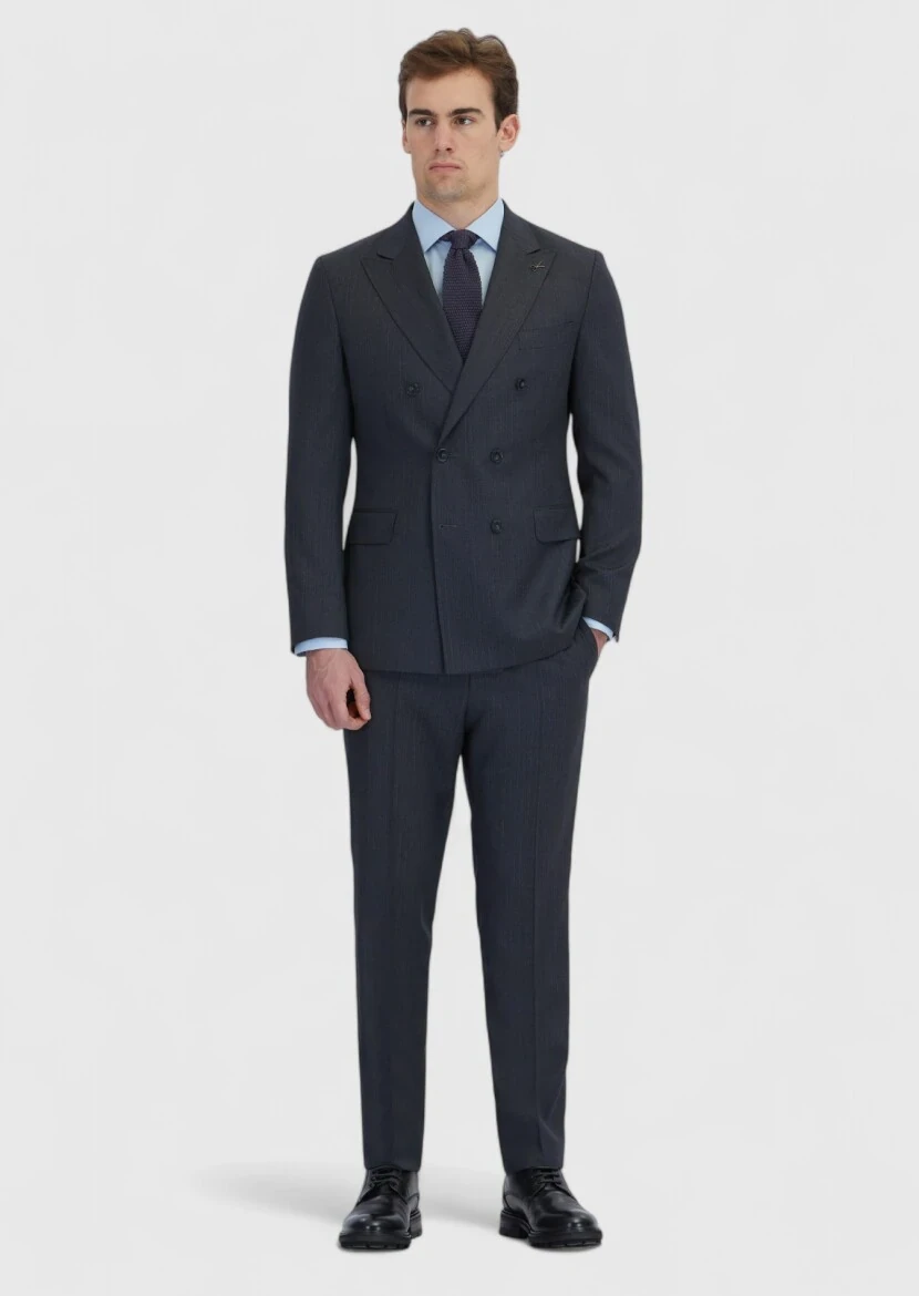 Antrasit Çizgili Zeroweight Slim Fit %100 Yün Takım Elbise - 2