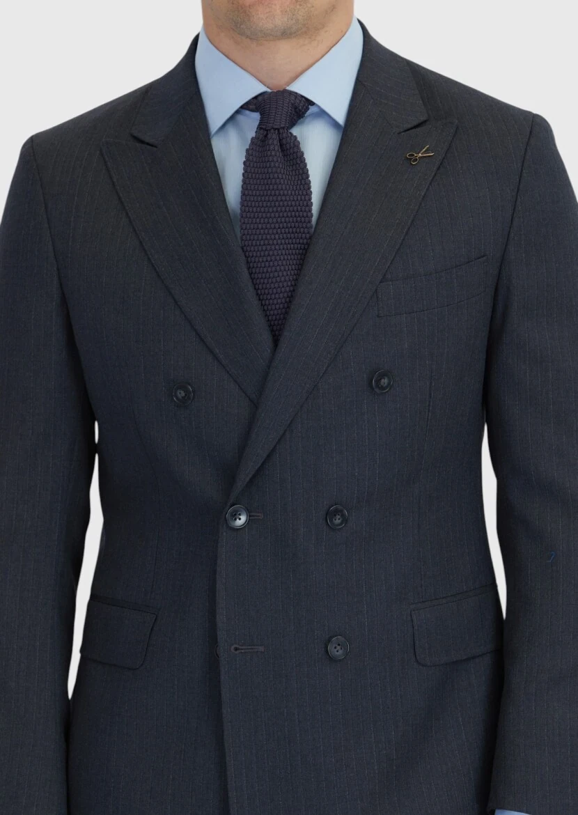 Antrasit Çizgili Zeroweight Slim Fit %100 Yün Takım Elbise - 5