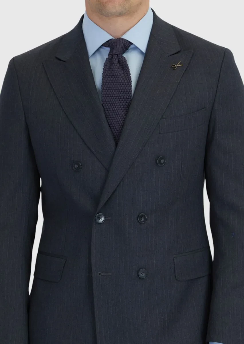 Antrasit Çizgili Zeroweight Slim Fit %100 Yün Takım Elbise - 5