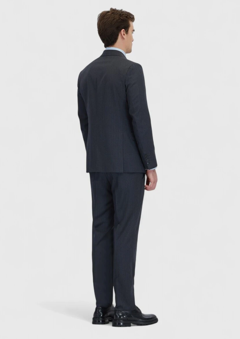 Antrasit Çizgili Zeroweight Slim Fit %100 Yün Takım Elbise - 7