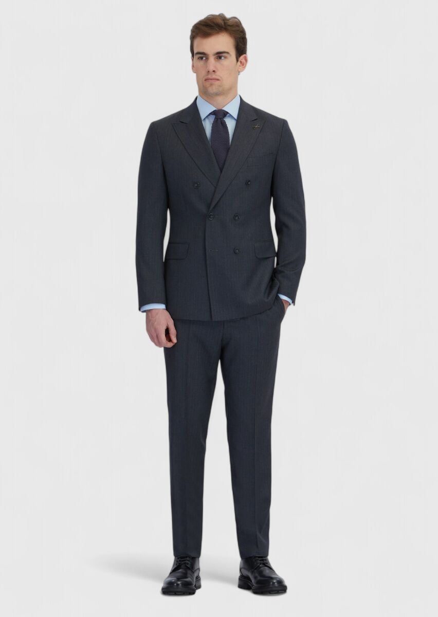 Antrasit Çizgili Zeroweight Slim Fit %100 Yün Takım Elbise - 2
