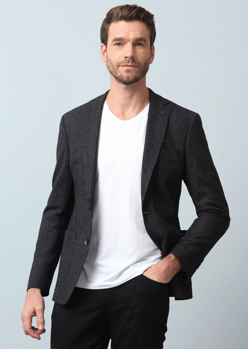 Antrasit Çizgili Zeroweight Slim Fit Yün Karışımlı Örme Ceket - 1