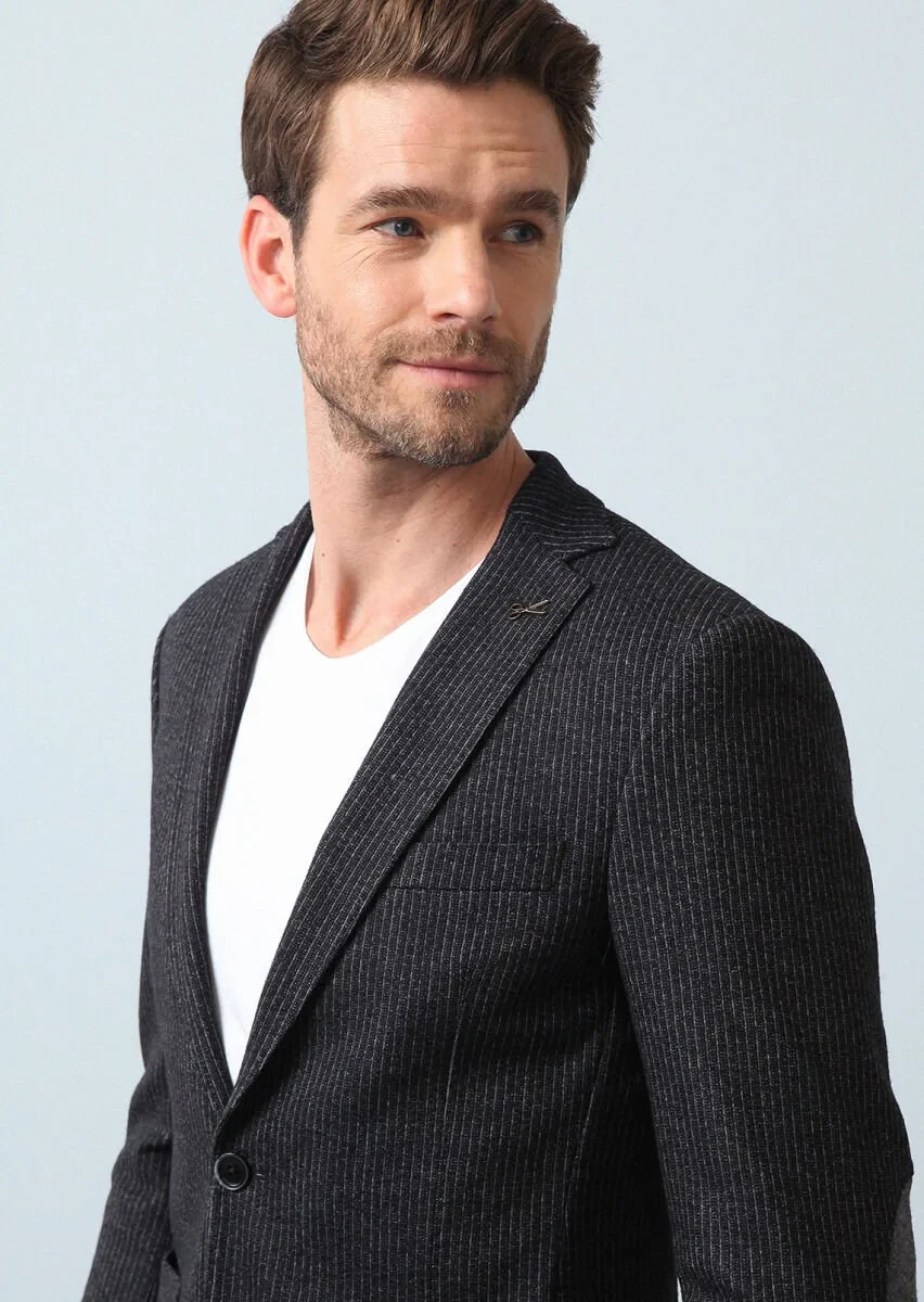 Antrasit Çizgili Zeroweight Slim Fit Yün Karışımlı Örme Ceket - 2