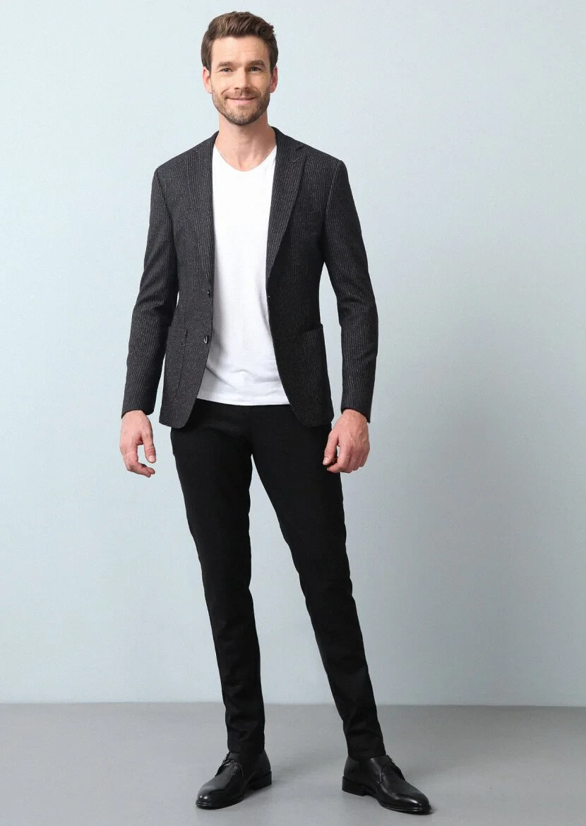 Antrasit Çizgili Zeroweight Slim Fit Yün Karışımlı Örme Ceket - 3