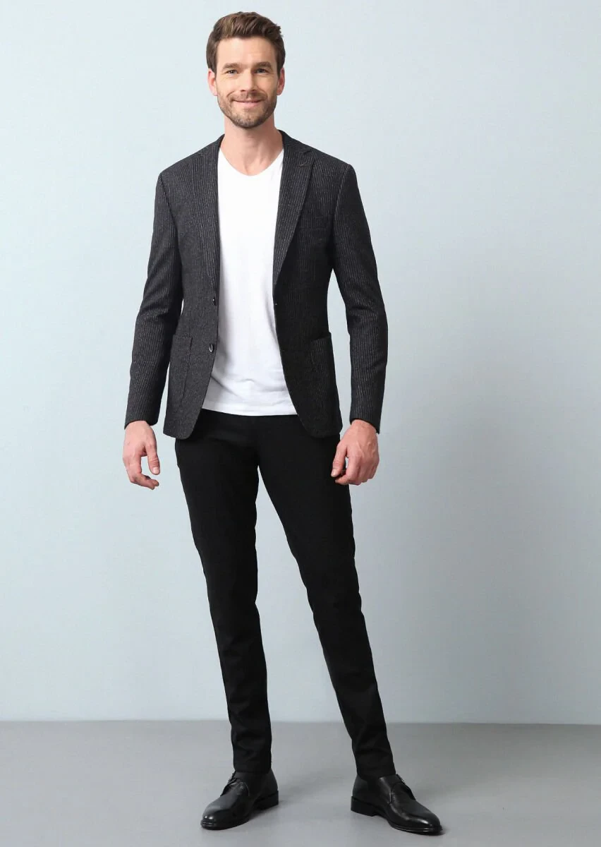 Antrasit Çizgili Zeroweight Slim Fit Yün Karışımlı Örme Ceket - 3