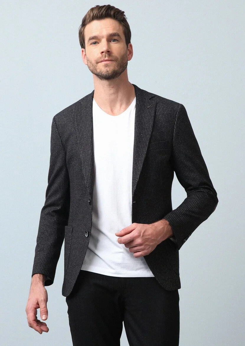 Antrasit Çizgili Zeroweight Slim Fit Yün Karışımlı Örme Ceket - 4