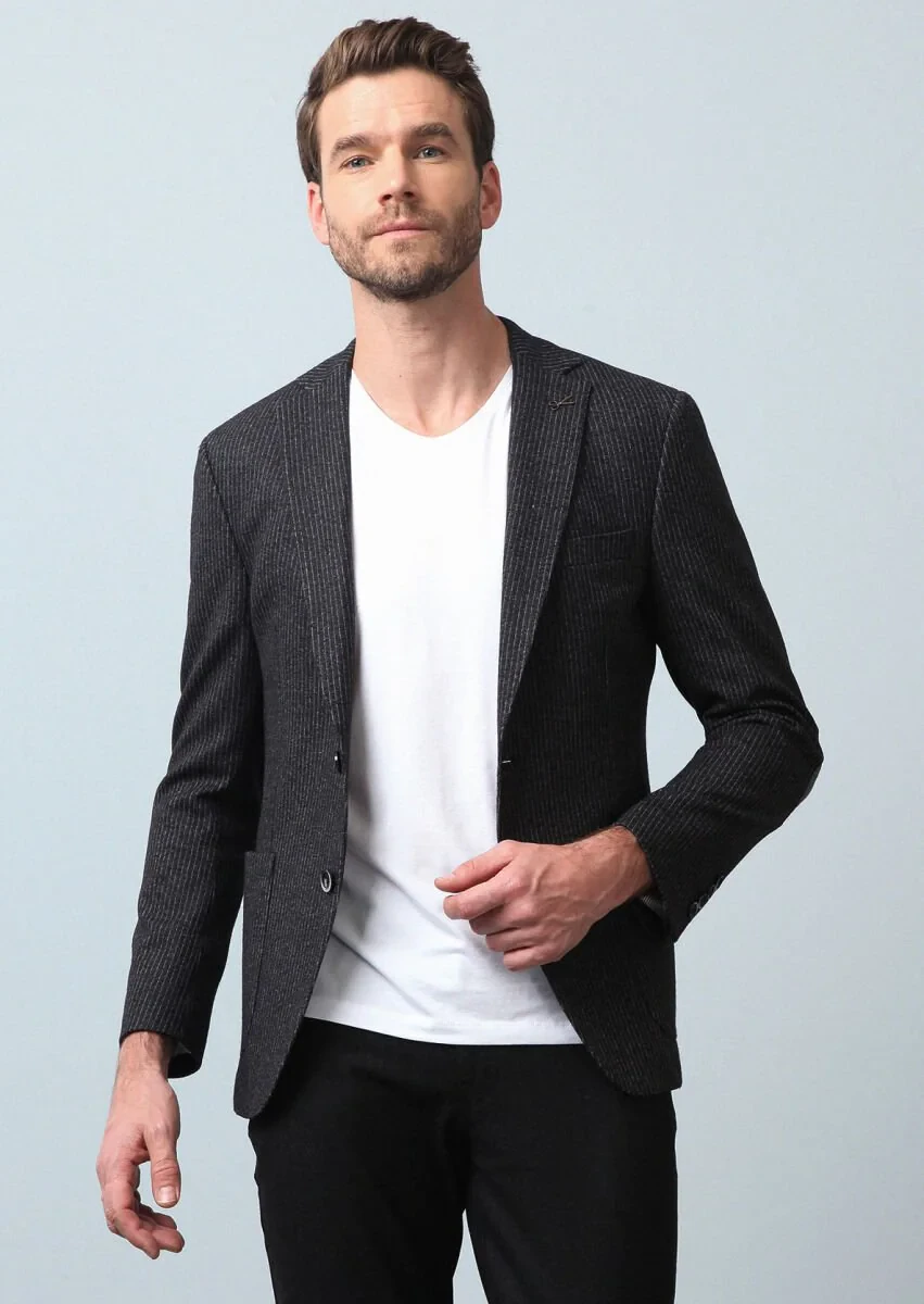 Antrasit Çizgili Zeroweight Slim Fit Yün Karışımlı Örme Ceket - 4