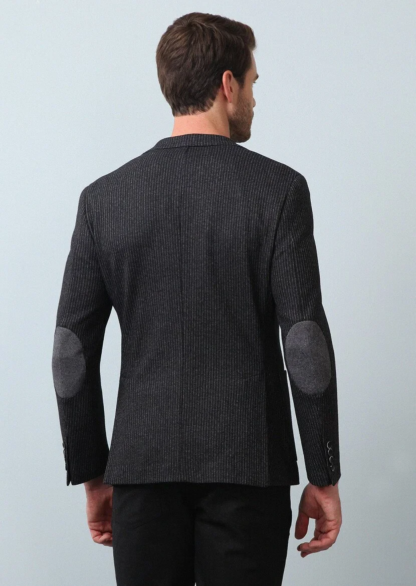 Antrasit Çizgili Zeroweight Slim Fit Yün Karışımlı Örme Ceket - 5