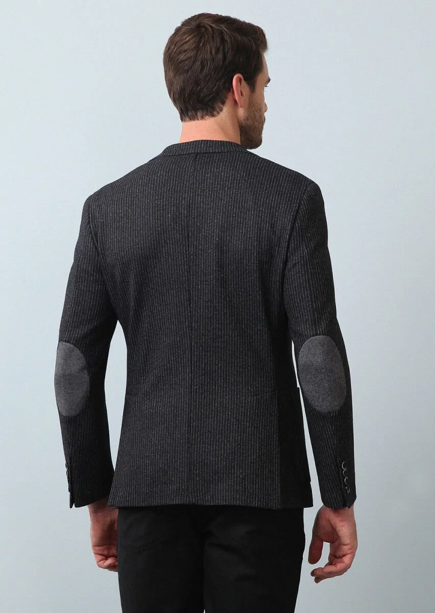 Antrasit Çizgili Zeroweight Slim Fit Yün Karışımlı Örme Ceket - 5