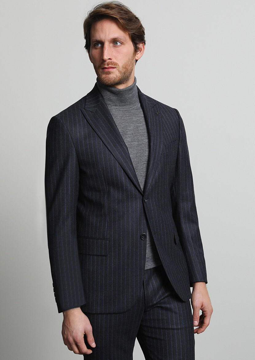 Antrasit Çizgili Zeroweight Slim Fit Yün Karışımlı Takım Elbise - 3