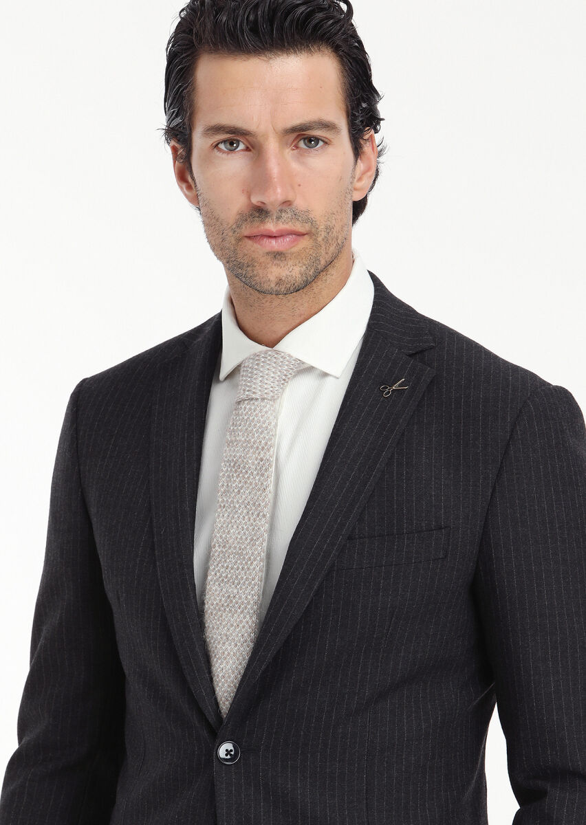 Antrasit Çizgili Zeroweight Slim Fit Yün Karışımlı Takım Elbise - 3