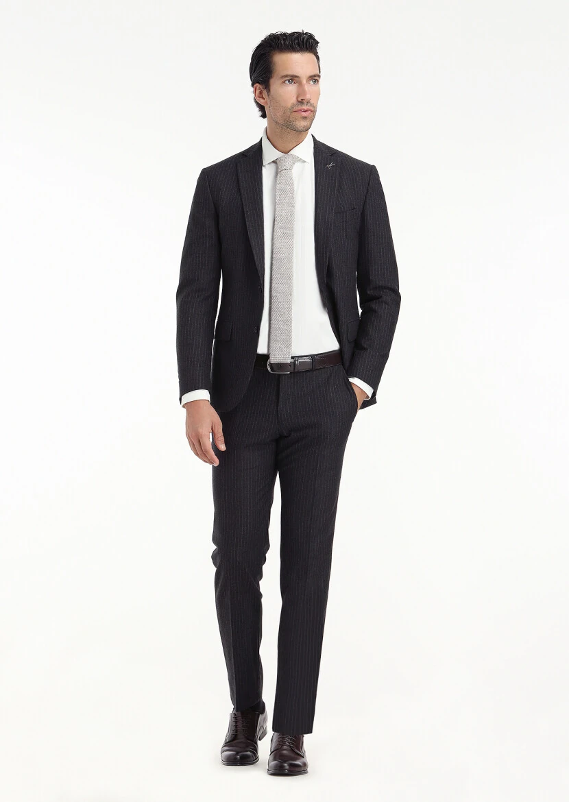 Antrasit Çizgili Zeroweight Slim Fit Yün Karışımlı Takım Elbise - 1