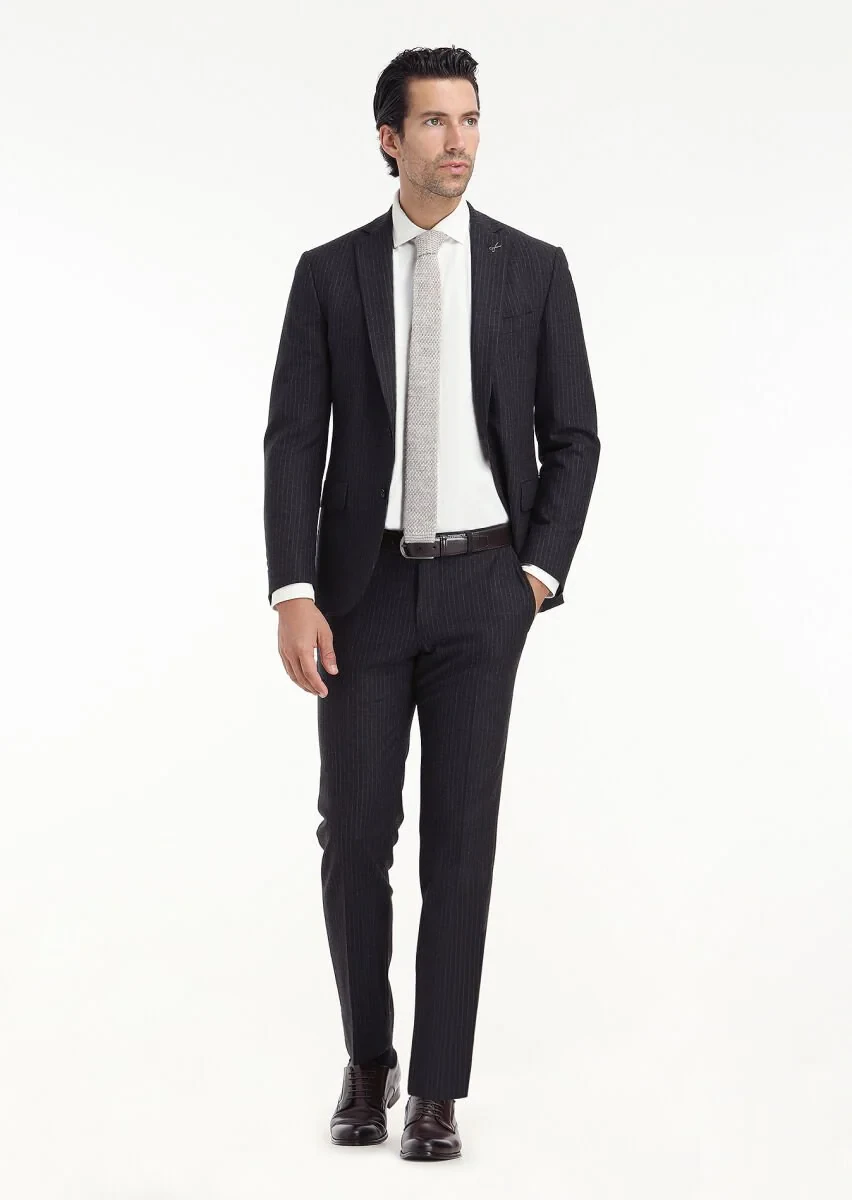Antrasit Çizgili Zeroweight Slim Fit Yün Karışımlı Takım Elbise - 1
