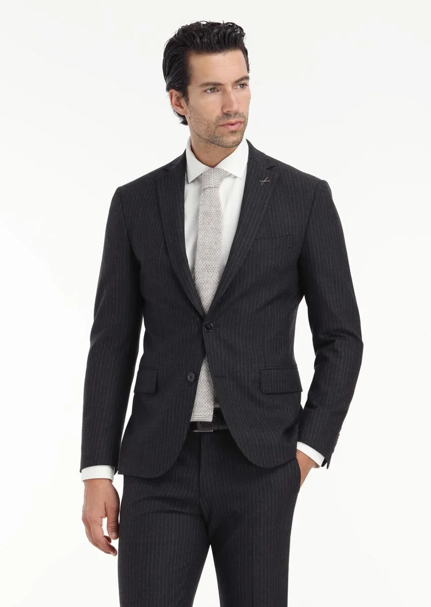 Antrasit Çizgili Zeroweight Slim Fit Yün Karışımlı Takım Elbise - 2