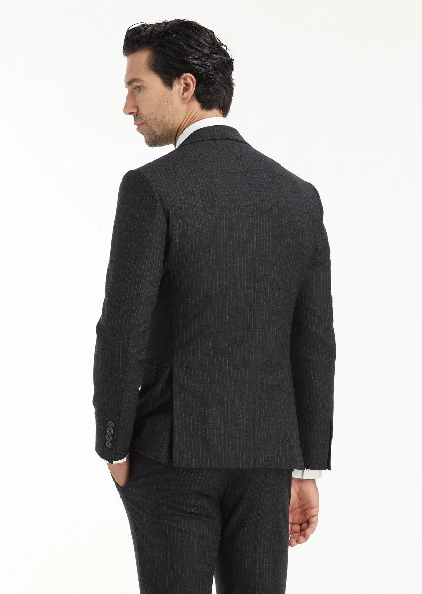 Antrasit Çizgili Zeroweight Slim Fit Yün Karışımlı Takım Elbise - 5