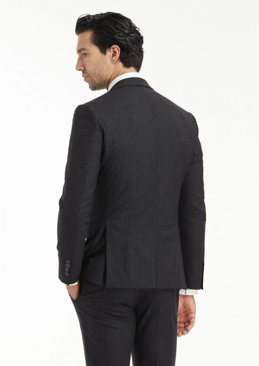 Antrasit Çizgili Zeroweight Slim Fit Yün Karışımlı Takım Elbise - 5