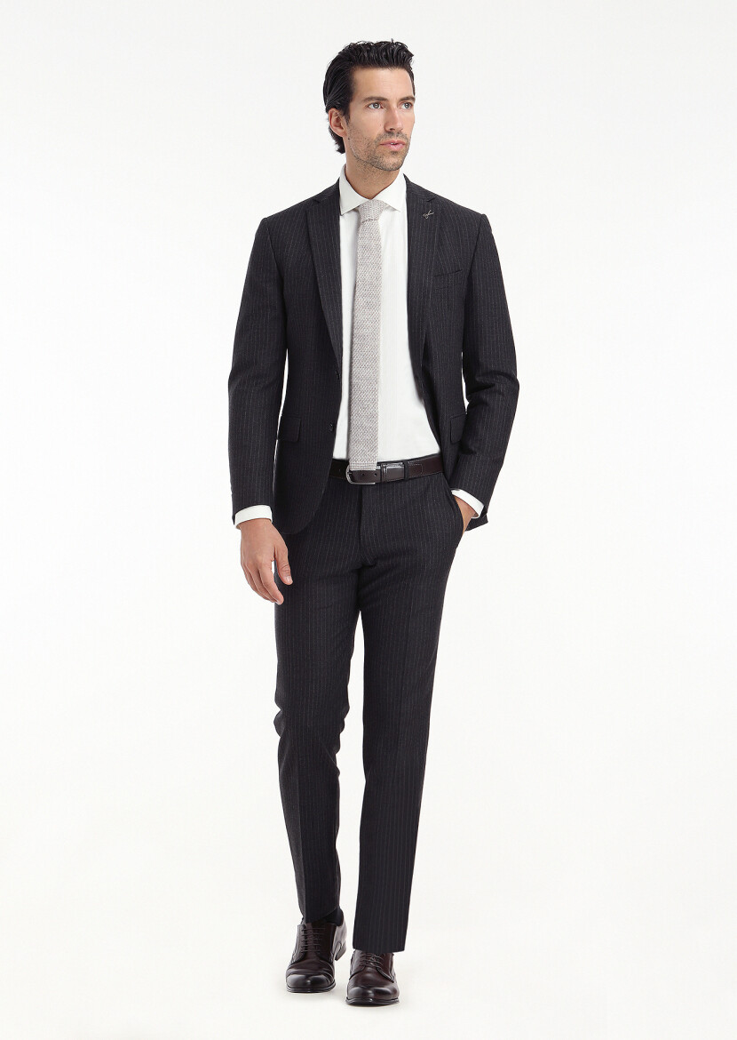 Antrasit Çizgili Zeroweight Slim Fit Yün Karışımlı Takım Elbise 