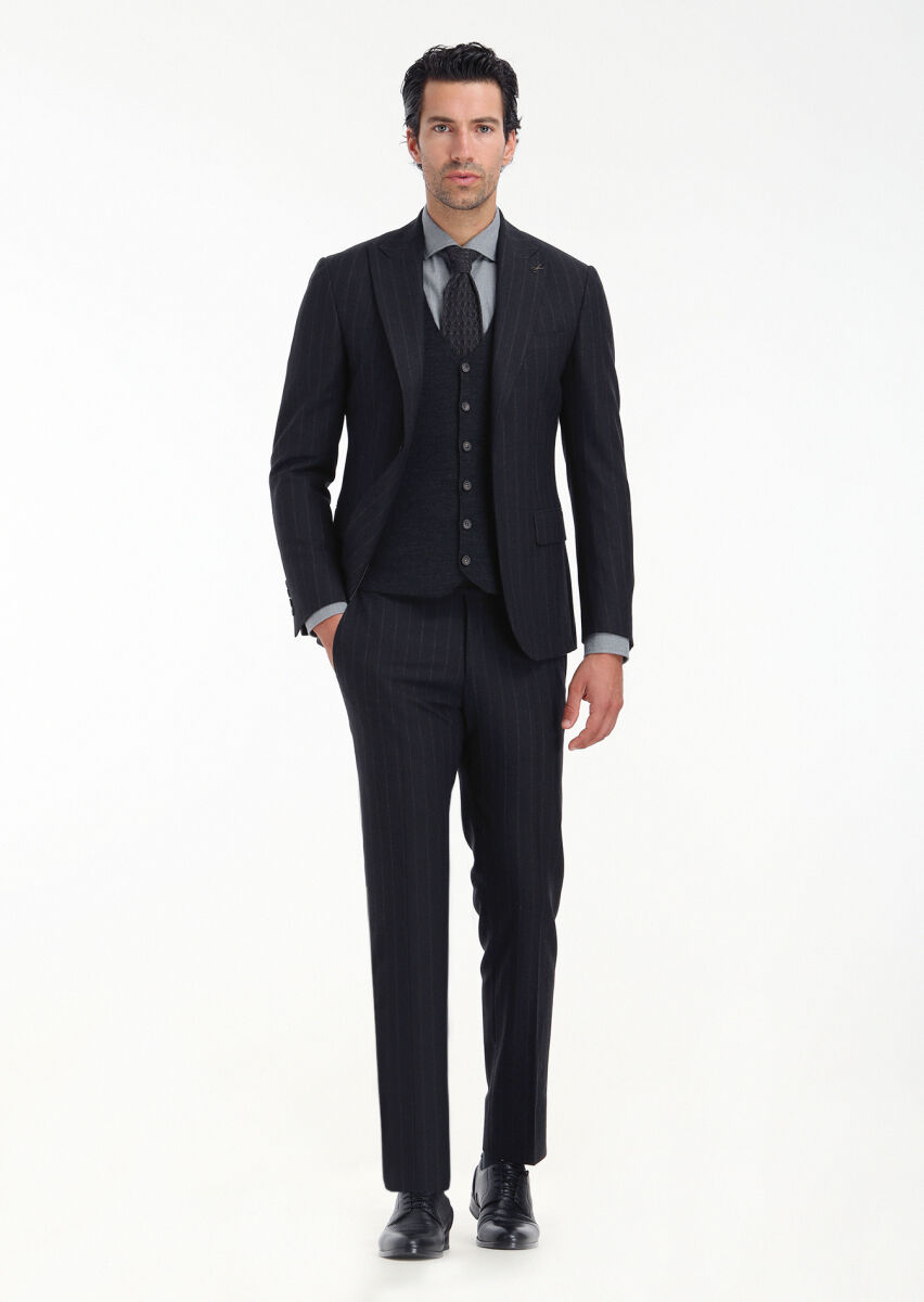 Antrasit Çizgili Zeroweight Slim Fit Yün Karışımlı Takım Elbise - 1