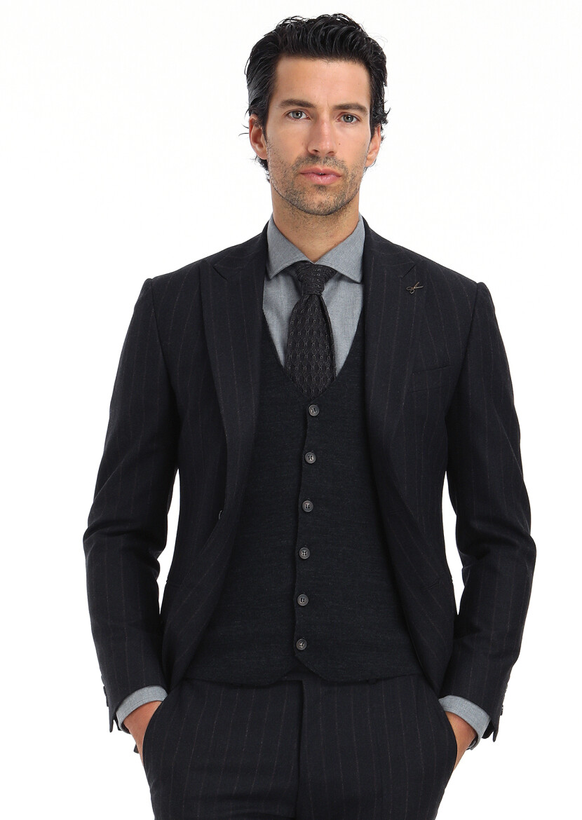 Antrasit Çizgili Zeroweight Slim Fit Yün Karışımlı Takım Elbise 