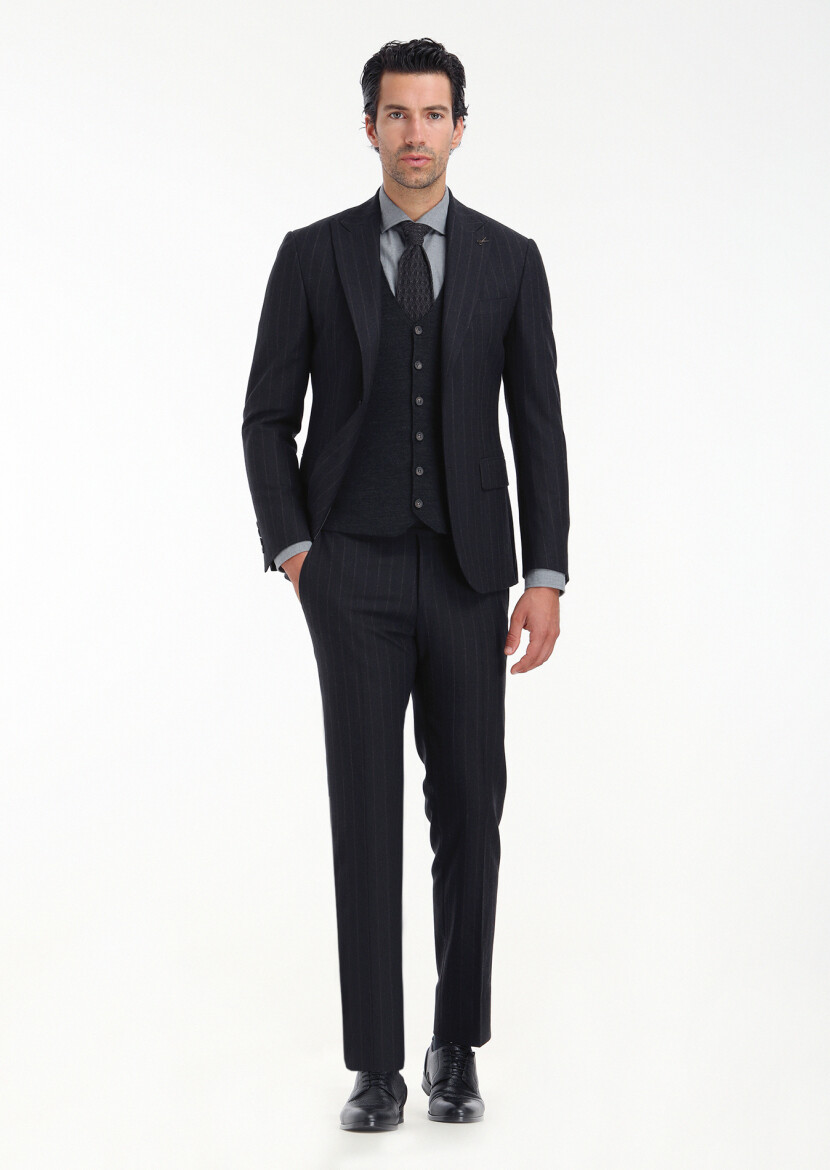 Antrasit Çizgili Zeroweight Slim Fit Yün Karışımlı Takım Elbise 